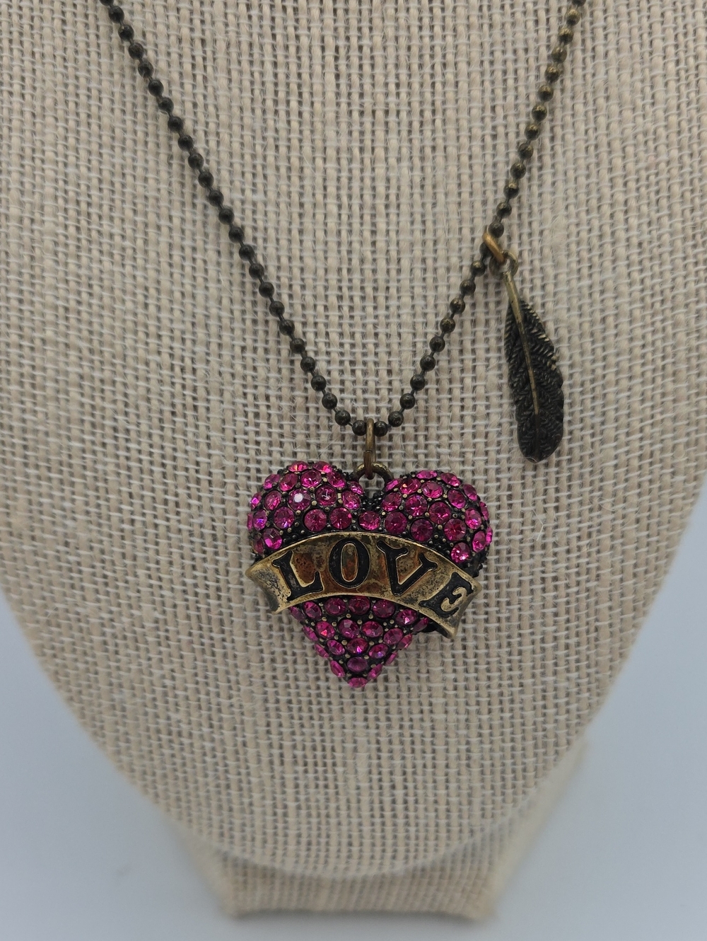 Betsey Johnson Hot Pink Crystal Heart Pendant Necklace with LOVE Banner